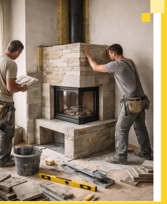 Угловые камины под ключ проект, монтаж и отделка в Дедовске